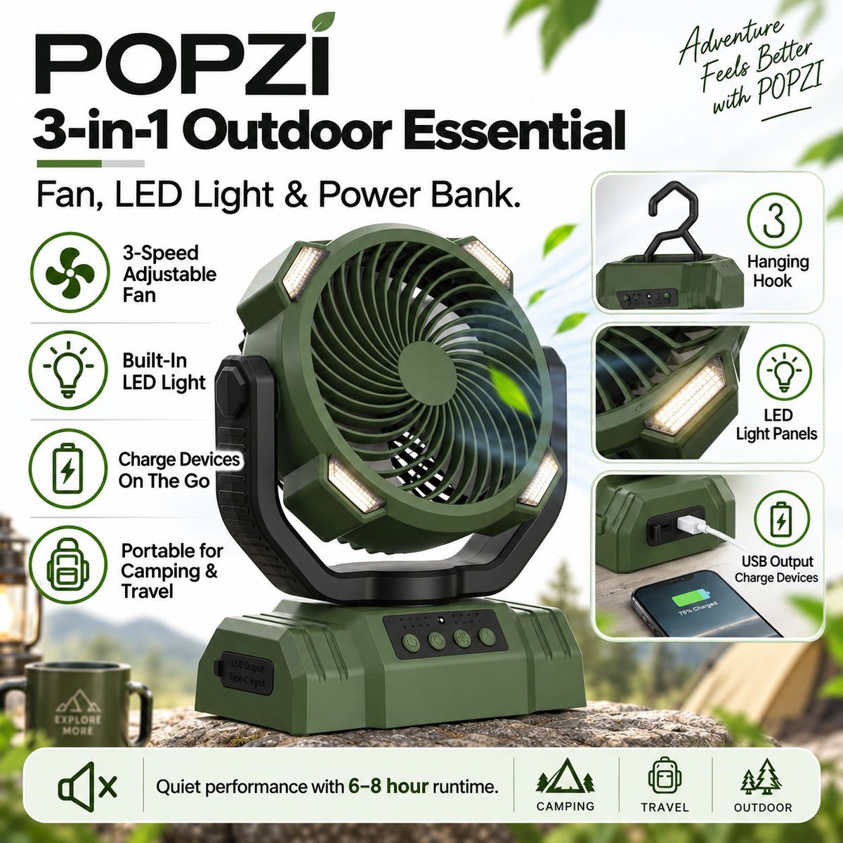 Outdoor Household Power Bank LED Light Camping Fan