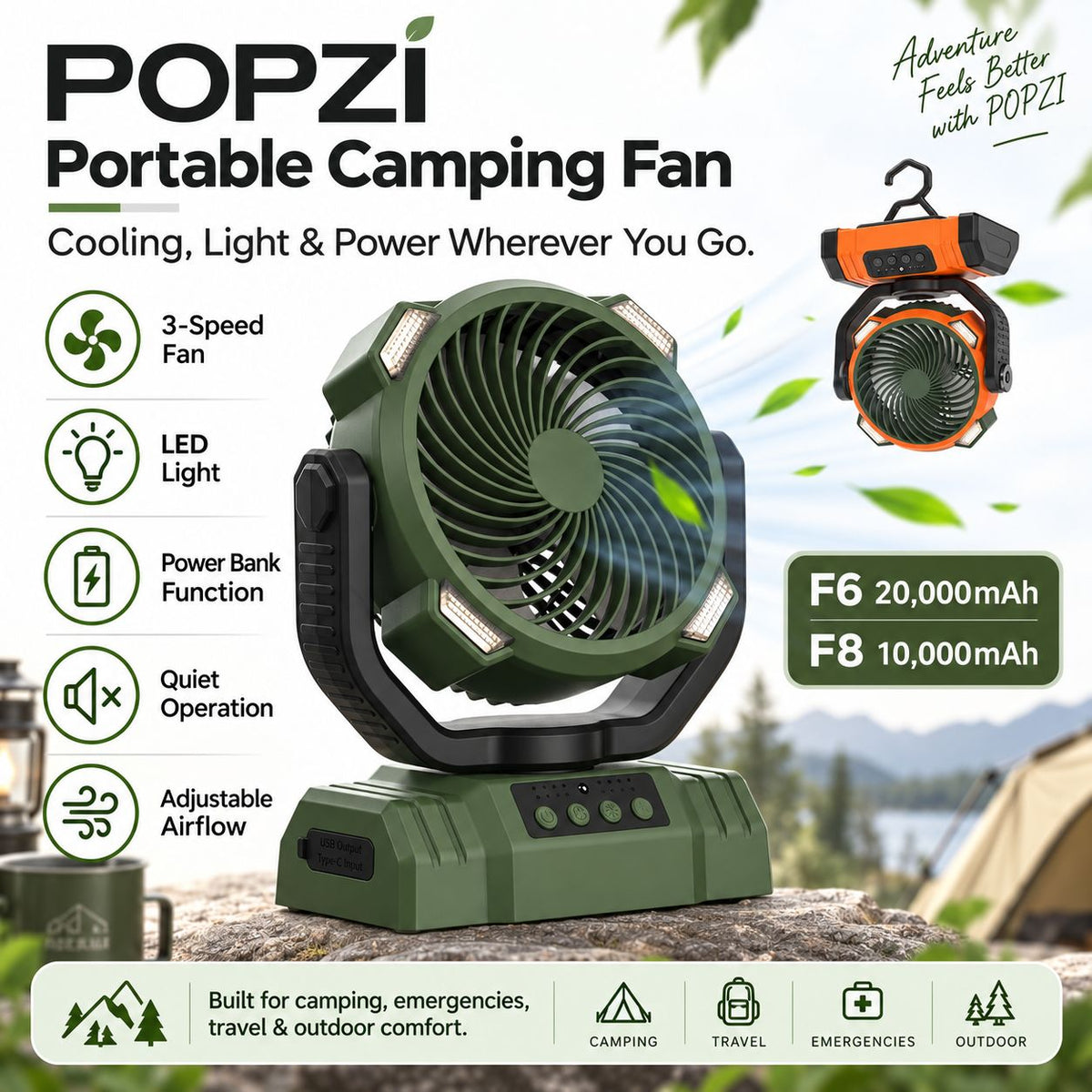 Outdoor Household Power Bank LED Light Camping Fan
